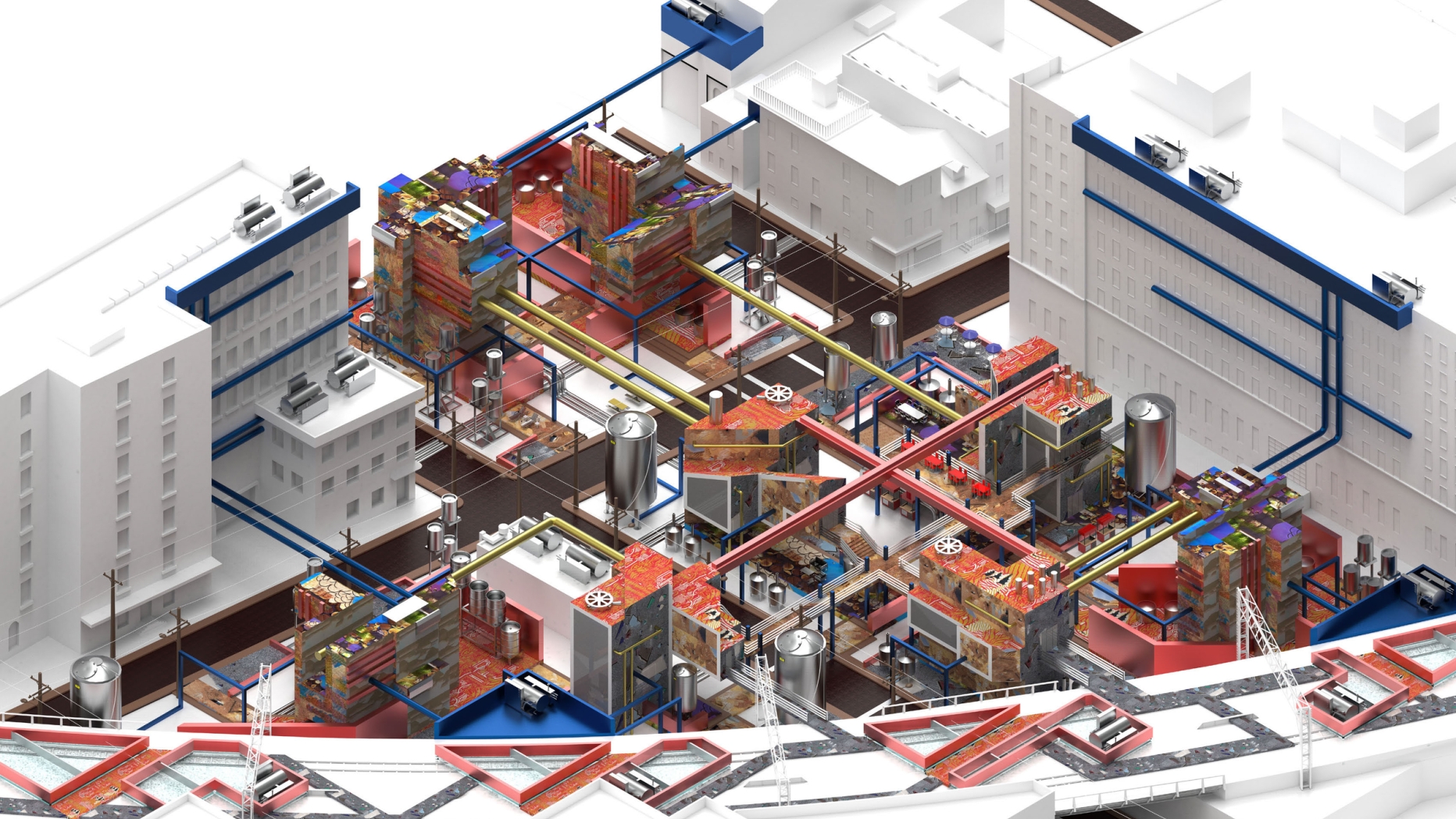 Multicolored factory space drawing largely on primary colors with pipes and conveyors running between machines 