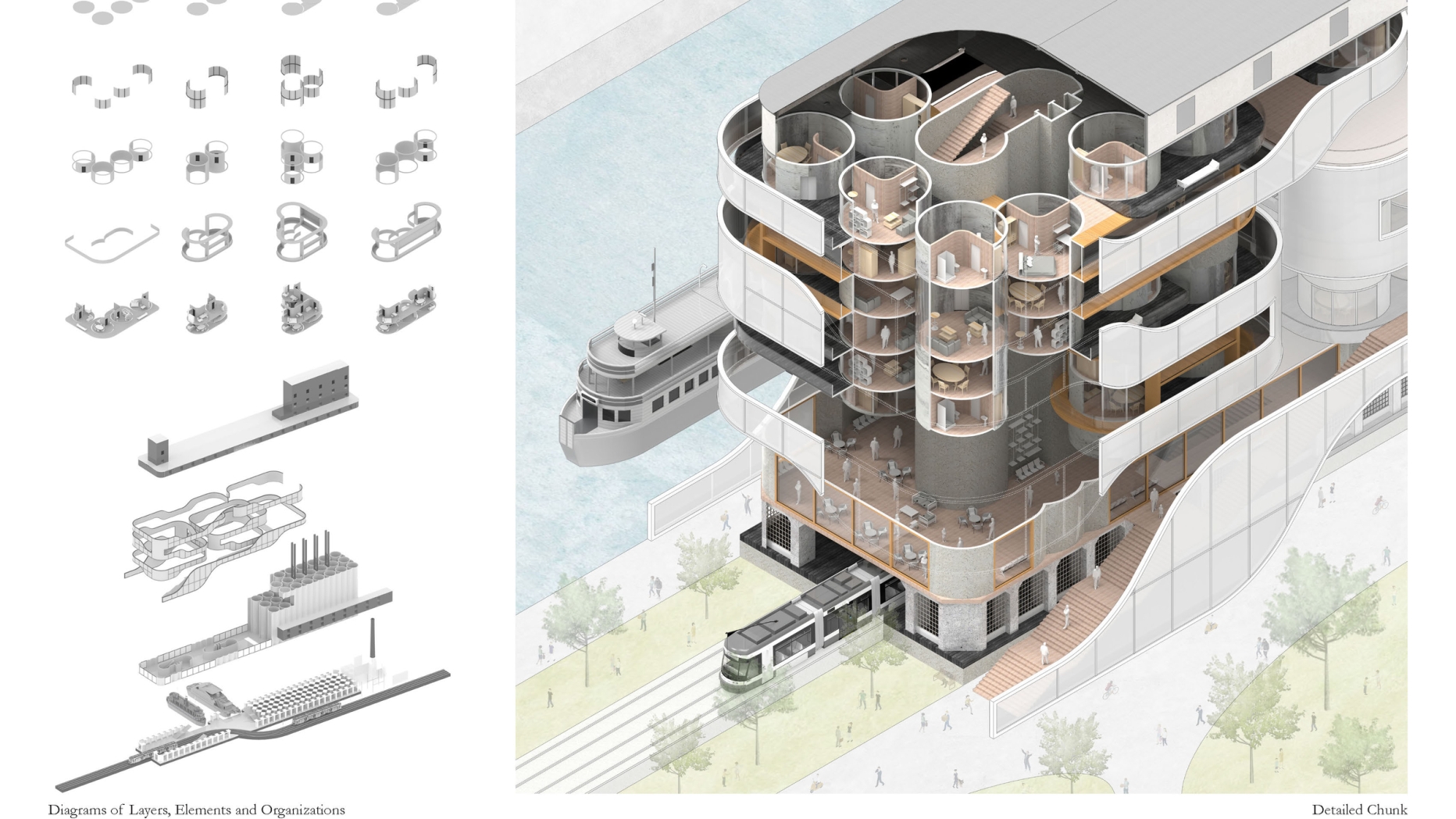 Cutaway view showing cylindrical structures and train and ferry integrate in to the building structure