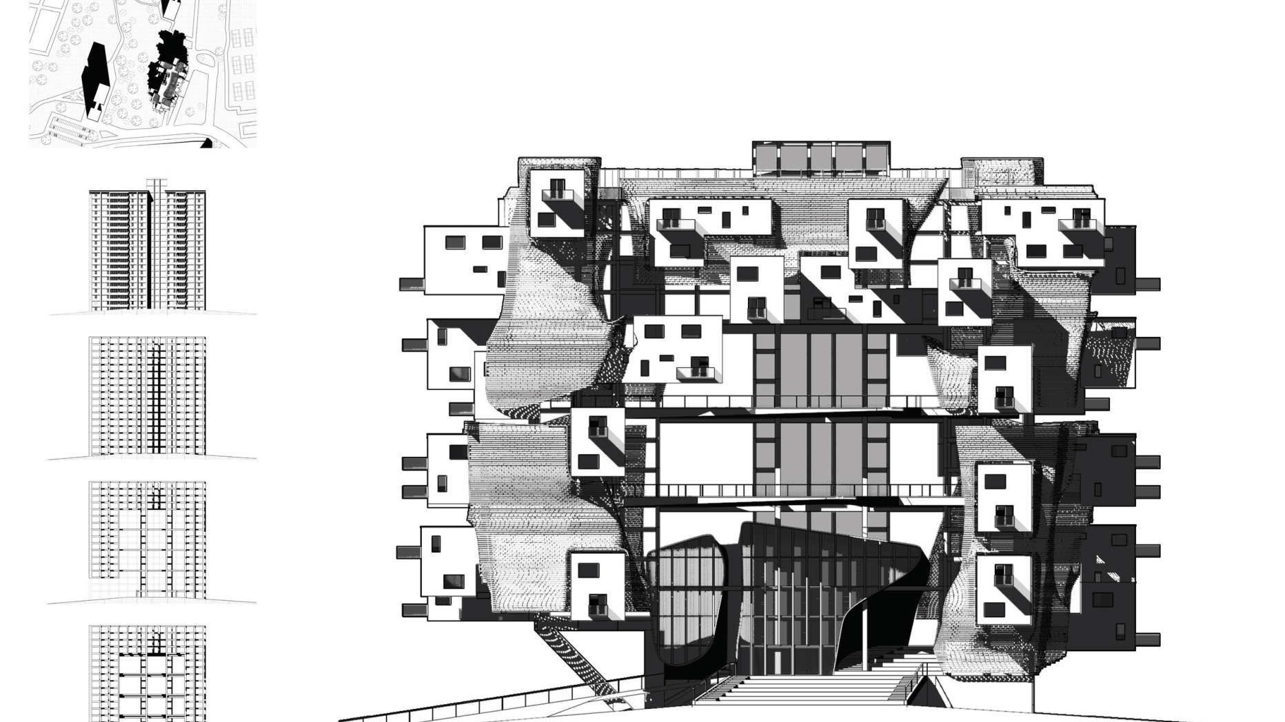 Drawing of apartment building in which many rooms stick out from the building in cubic protrusions