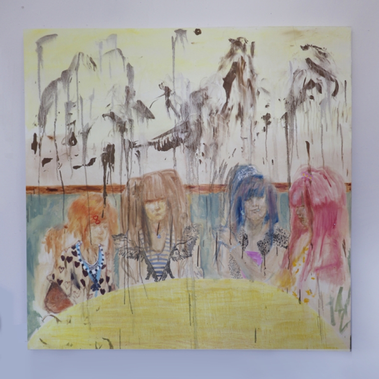 abstract painting of four human figures seating at a table, brown drips of paint obstruct the clear view