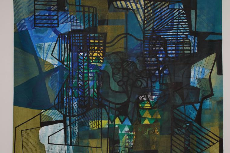 Abstract painting featuring boxes containing rows of lines and blue and green background