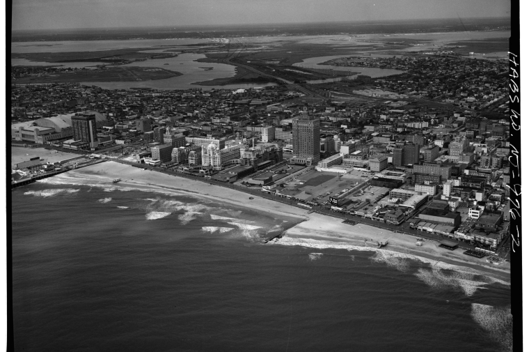 black and white photo of atlantic city shoreline
