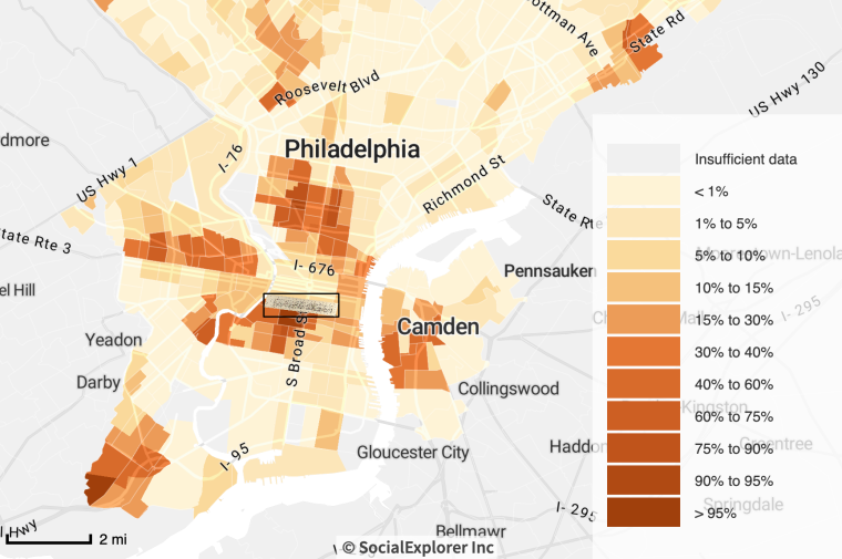 map of Black population in Philly in 1950 with historic drawing of 7th ward overlaid