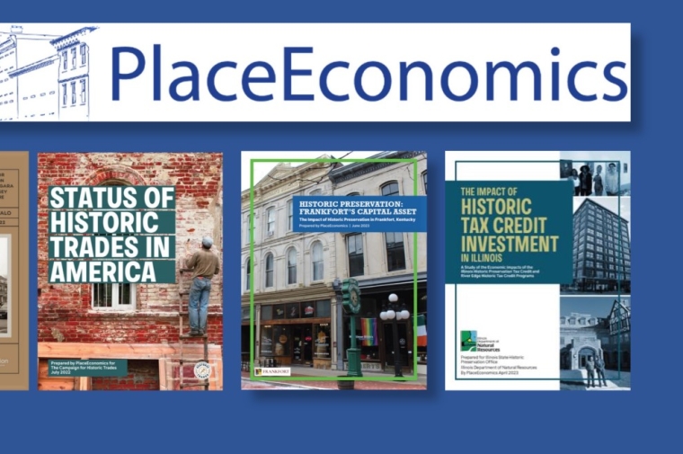 slide with Place Economics logo + historic preservation impact report covers