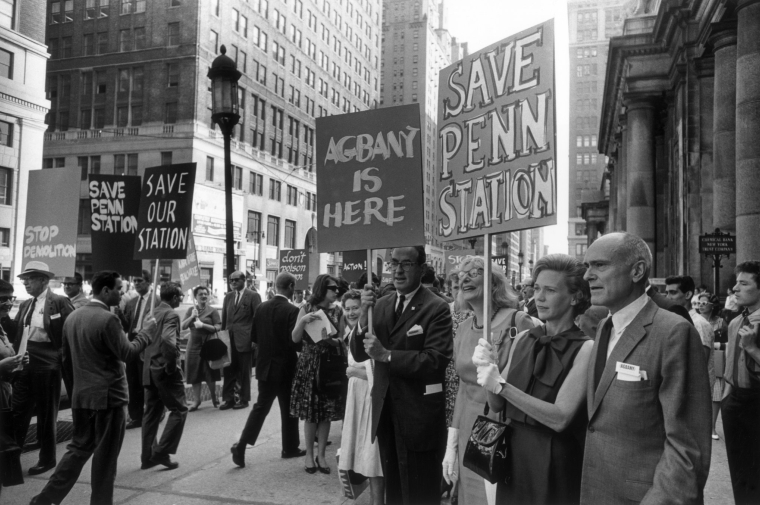 black and white photo of Save Penn Station protest