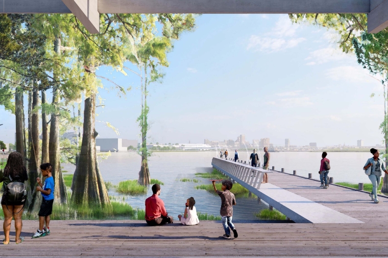 Rendering of riverfront development with people of all ages recreating