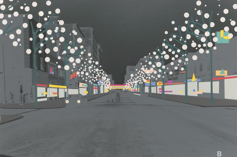 painting of city street with lights in trees