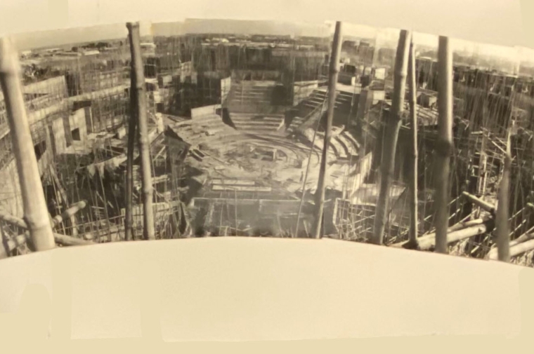 Photocollage of a panoramic view of Bangladeshi workers pouring concrete into bamboo molds