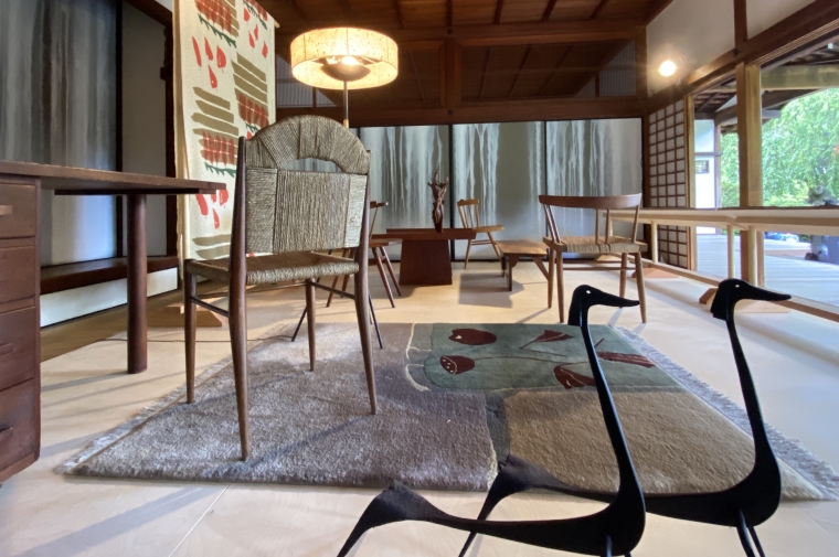 View of funriture and decorative objects on display at Shofuso House.  