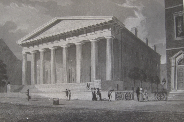 An Engraving of the US Second Bank, a marble Greek style building with large Doric columns.  