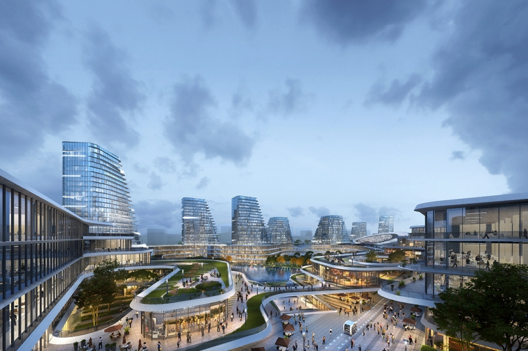 Rendering of proposed development seen at twilight