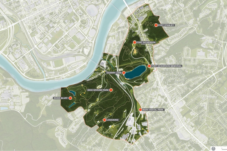 Map of Knoxville Battlefield loop with key areas highlighted