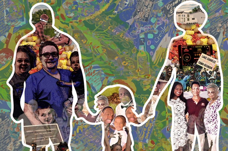 Collage of many people set against natural material