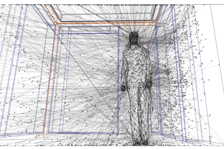 Segemented human body emitting rays in all direction, representing thermal radiation