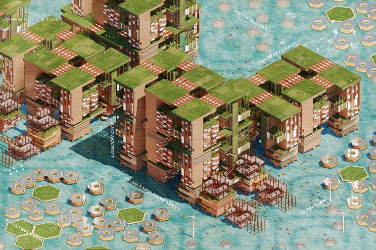 Rendering of a multi-story structure built on stilts above water
