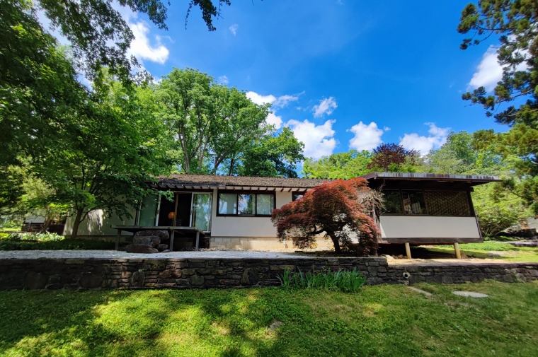midcentury house surrounded by green foliage