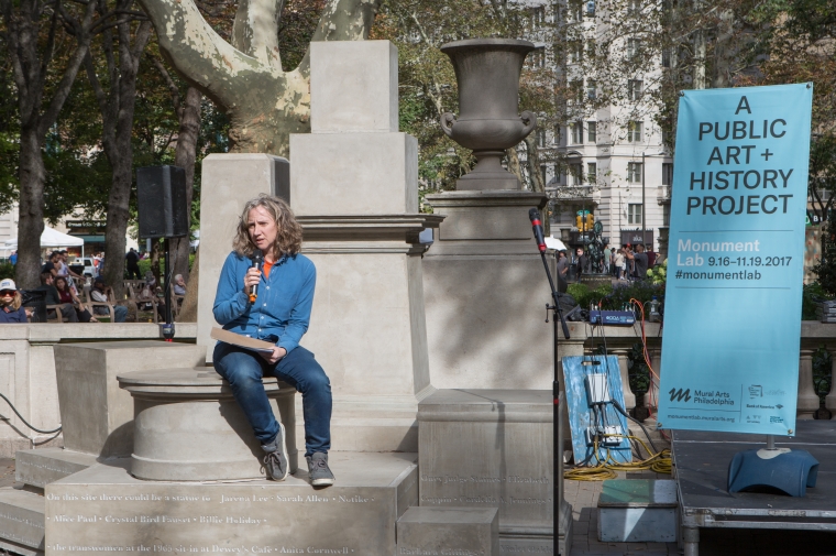 Associate Professor Sharon Hayes at her Monument Lab installation in Rittenhouse Square