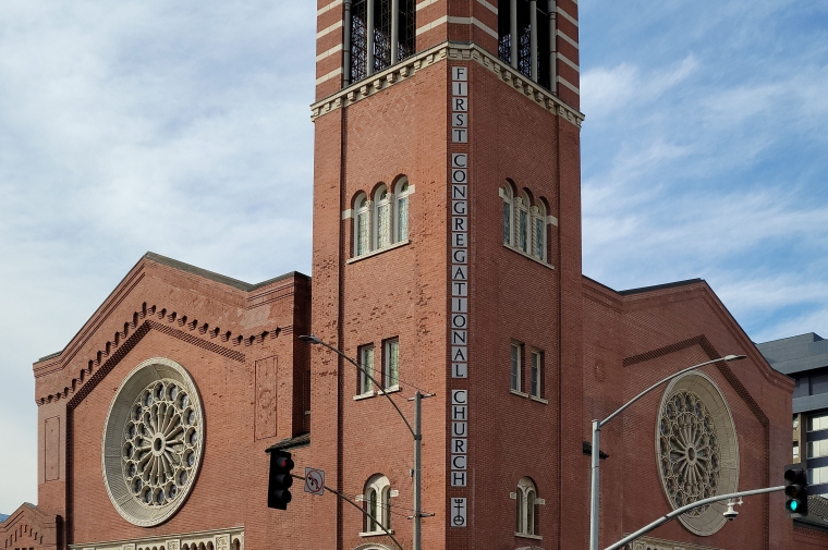 Brick church with turret/clock tower