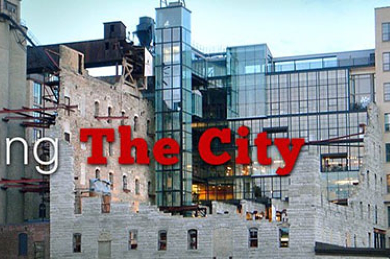 Text: Saving the City. Background: Partially demolished building in city area