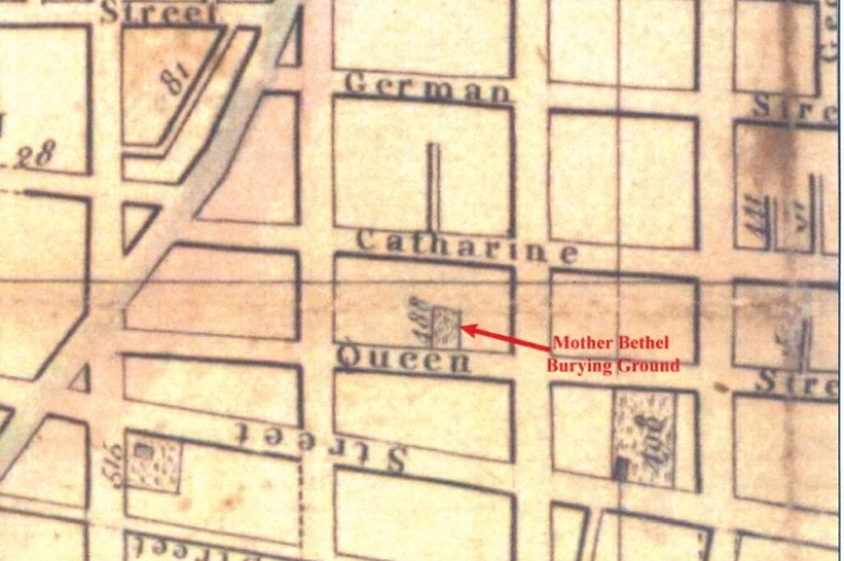 A historic map of Philadlephia indicates the site of the Bethel Burial Ground