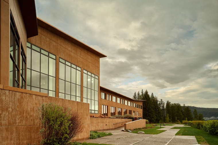 Jackson Lake Lodge in foreground with pine trees in background