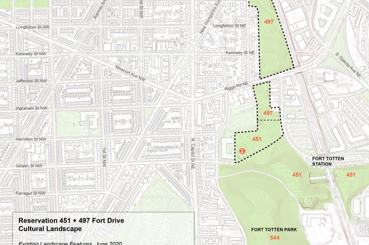  Map of fort drive cultural landscape. Key landmarks are the Blair road and Mamie D Lee cultural garden