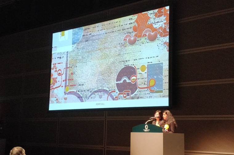 Justine Huang (MArch'19) and Anya Sinha (MArch'19) presenting at the 54th Central Glass International Design Competition