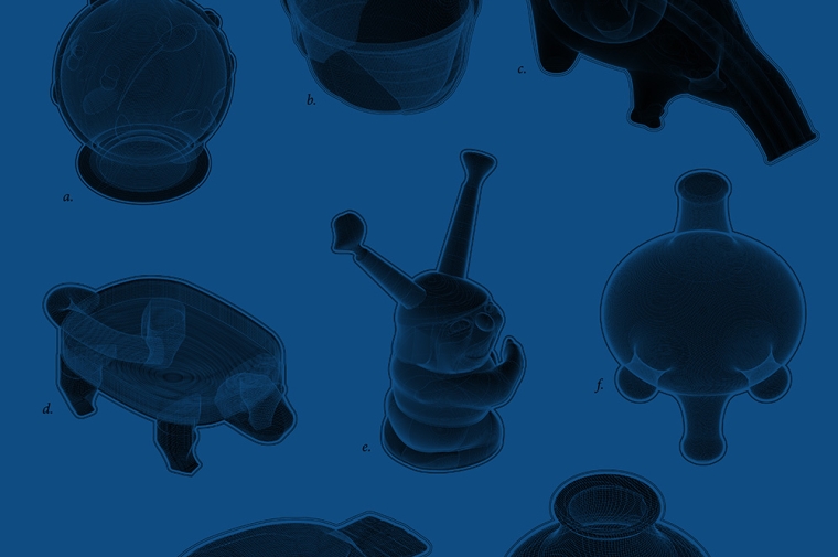  Six black vessels with various protrusions on a blue background
