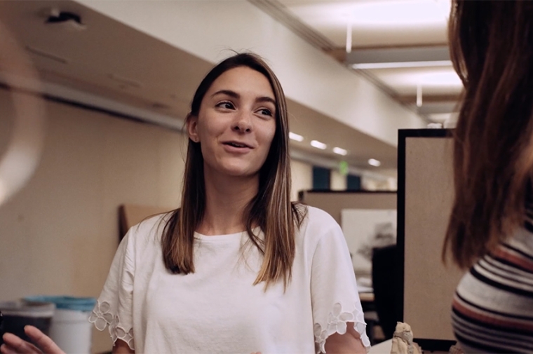 Alexandra Adamski, a third-year Master of Architecture student, catches up with classmates in Meyerson Hall.