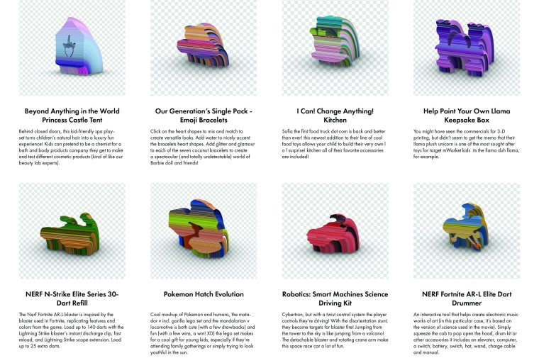 A grid of images and text showing samples of algorithmically design toys