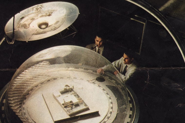 Overhead shot of two men in a laboratory