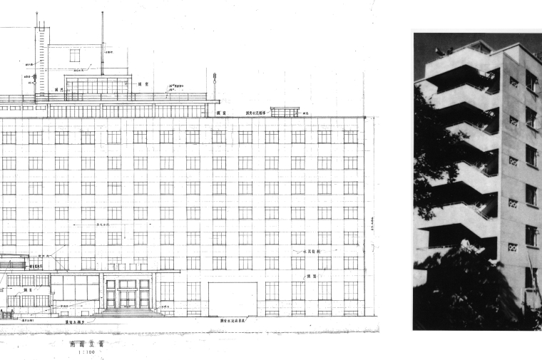 Architectural drawing and photograph of 7-story monolith with symmetrical, windowed facade and staircase at one end.