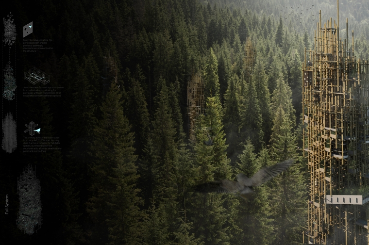 A multi-pronged spiky brown tower rises above a dense pine forest with a flock of birds in the air above