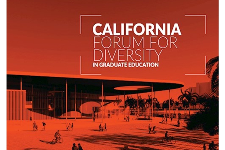 Red toned image of interesting architecture with text that reads California forum for diversity
