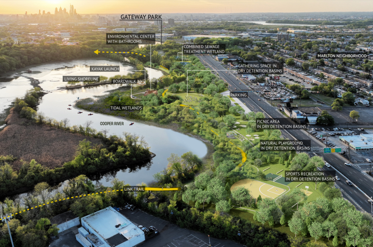 Rendering of urban park along Camden riverfront