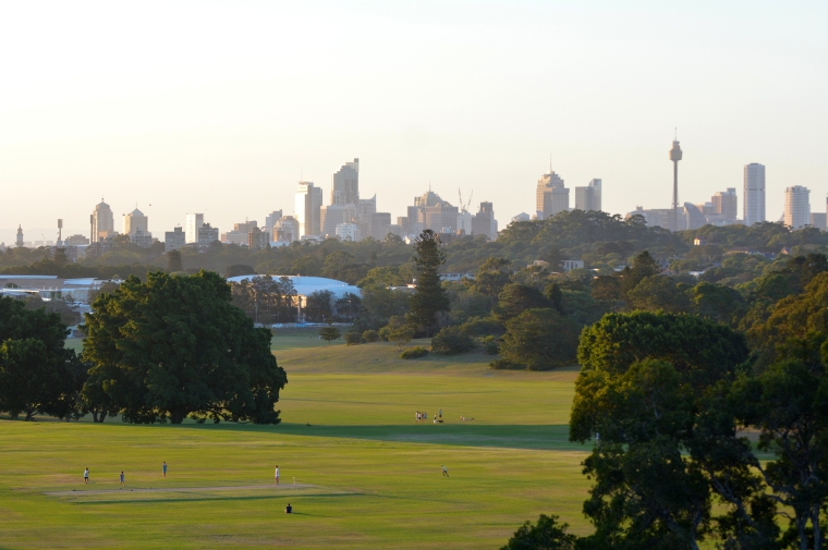 View of city skyline with rolling grassy hills in foreground