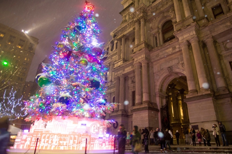 Illuminated holiday tree in front of City Hall
