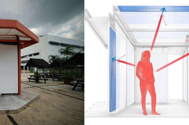 Image on left shows a short built hallway outdoors with cement floors and red trim. Right image shows illustrative diagram.