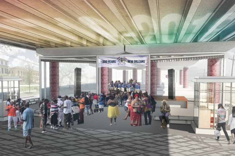 Rendering of diverse crowd socializing in community space under highway 