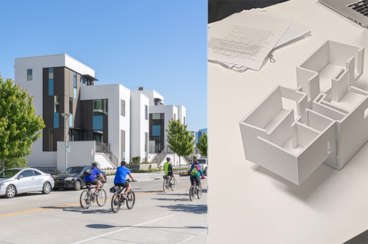 Sunny stret with modern buildings and bicyclists and architecture model on a white surface with laptop in corner