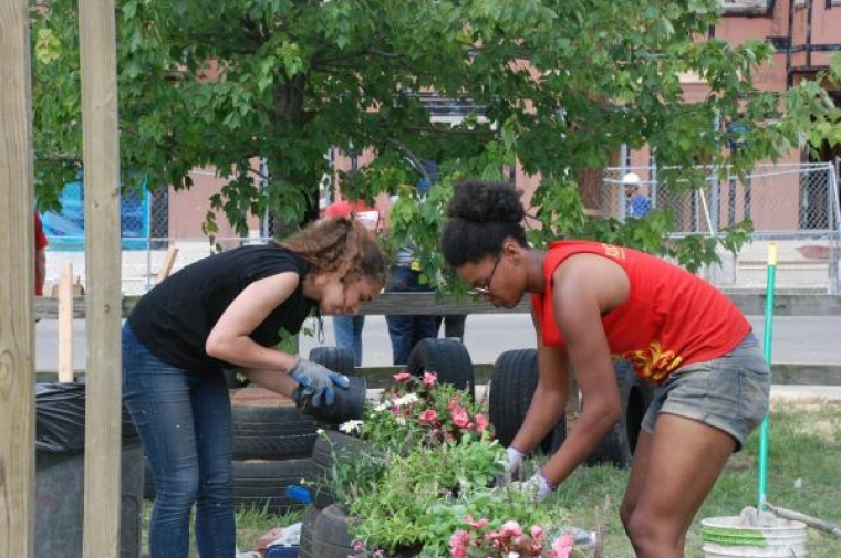 Students working on community garden