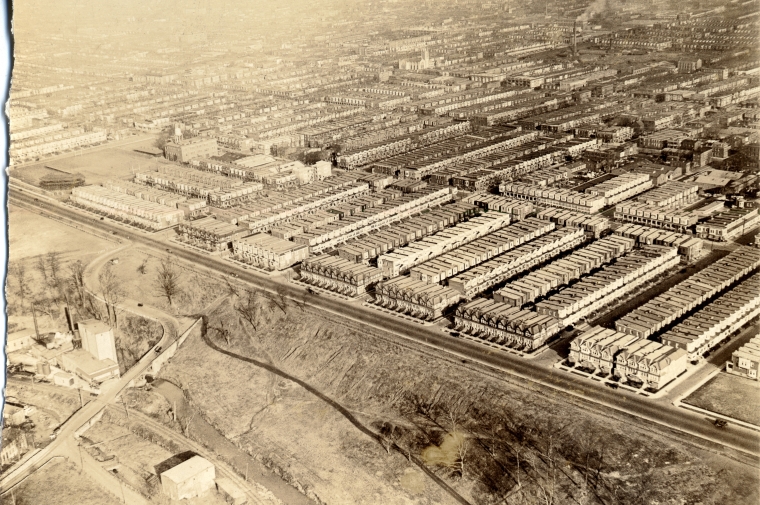 sepia tone aerial photo of a city 