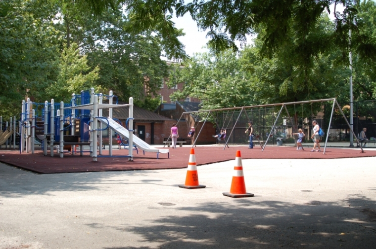 A playground on the site, as envisioned at the time of the city's purchase of the lot in the late 19th century