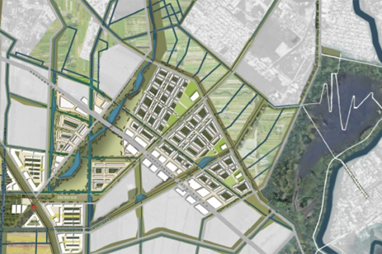 Aerial graphic showing city spaces including streets, waterways, and fields