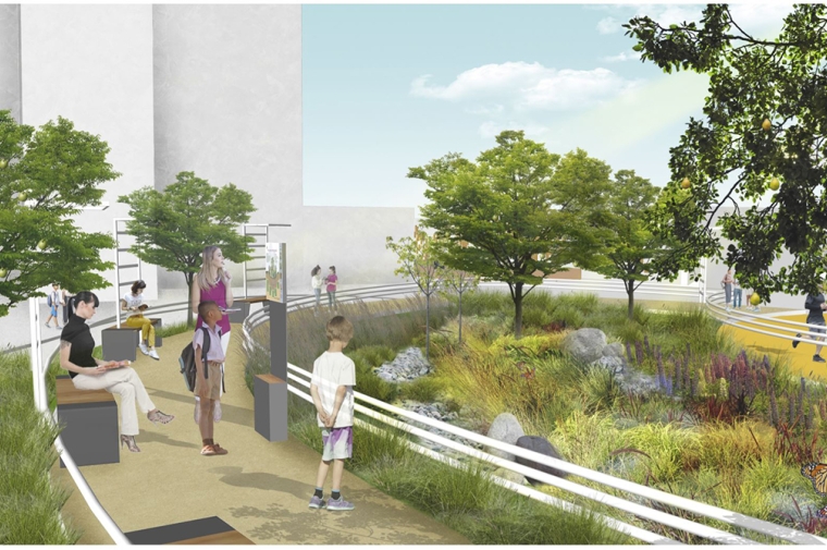 Rendering of proposed design showing people looking at the greenery next to a path