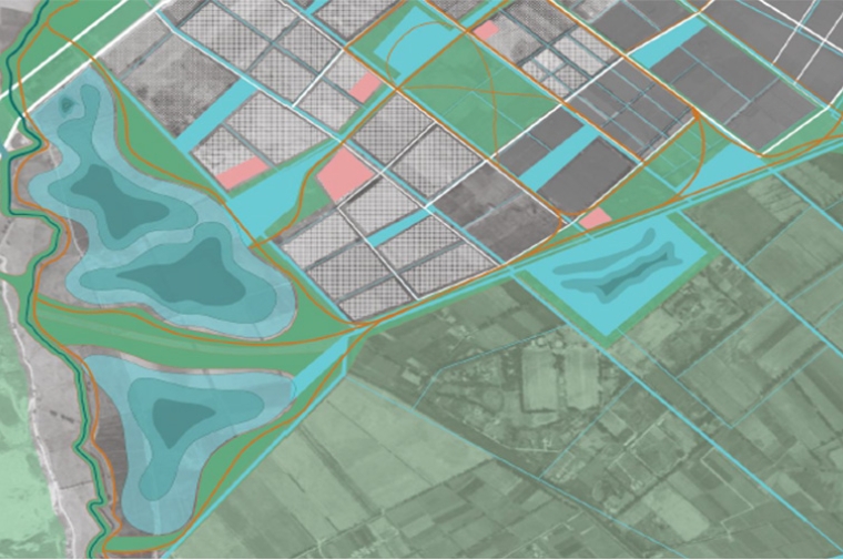 Aerial graphic showing city spaces including streets, waterways, and fields