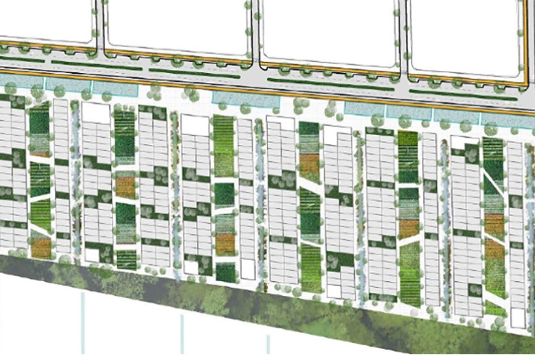 Aerial graphic showing city spaces including streets and house plots