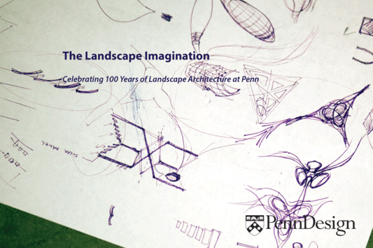 Poster for "The Landscape Imagination." Background is sketches and doodle of landscape design ideas