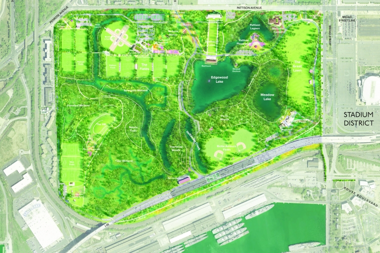 Aerial view of park showing greenspaces surrounding lakes and wetlands