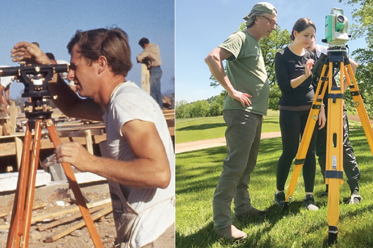 Composite of two photographs showing people working with surveying tools